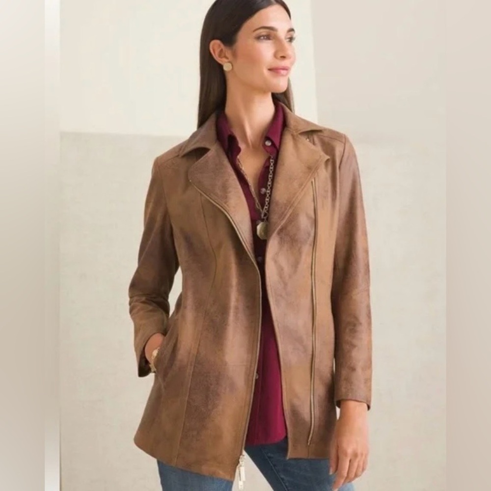NWT Chico’s Elongated Moto Jacket Faux Suede in Worn Luggage SZ L Modern Rustic